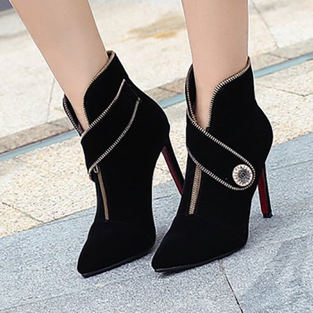 Christmas Zipper Stiletto Heel Pointed Toe Elegant Boots, Black, Boots