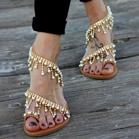 Fall Imitation Pearl Daily Sandals, Brown, Sandals