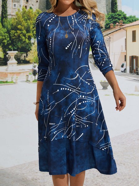 

V Neck Loosen Polka Dots Geometric Elegant Knitting Dress, Blue, Dresses