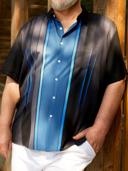 Big Size Chest Pocket Short Sleeve Bowling Shirt, Black, Men Shirts