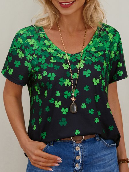

St. Patrick's Day Shamrock Print Short Sleeve Casual T-Shirt, Green, T-Shirts