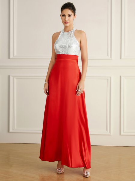 Party Halter Elegant Plain Tight Dress, Red, Maxi Dresses