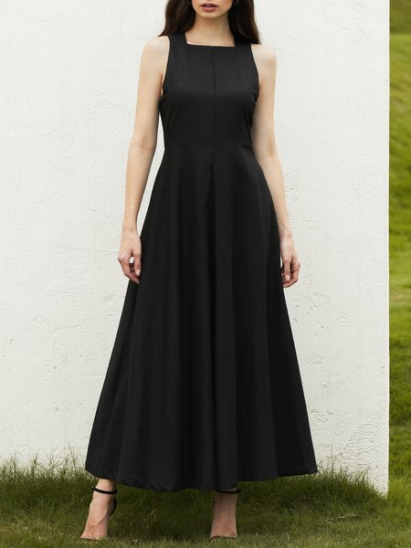 Simple Regular Fit Square Neck Plain Dress, Black, Dresses
