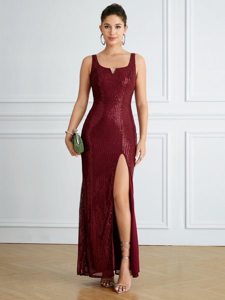 Wedding party Plain Elegant Dress, Wine red, Maxi Dresses