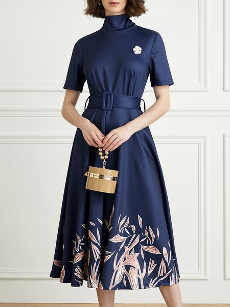 Stand Collar Elegant Floral Short Sleeve Dress, Purplish blue, Dresses