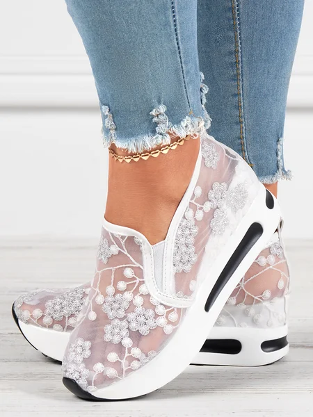 

Floral Embroidery Breathable Sheer Mesh Sneakers, White, Flats & Loafers
