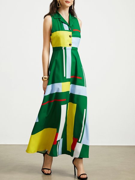 Lapel Collar Elegant Geometric Regular Fit Sleeveless Dress With No Belt, Green, Maxi Dresses
Lapel Collar Elegant Geometric Regular Fit Sleeveless Dress With No Belt, Green, Maxi Dresses