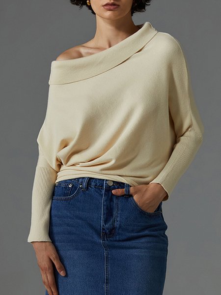 

Batwing Sleeve Elegant Wool/Knitting Sweater, Off white, Pullovers