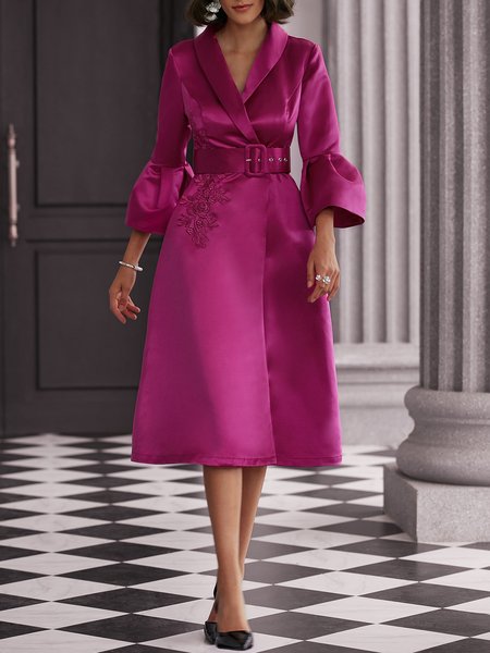 V Neck Elegant Party Dress, Deep pink, Midi Dresses