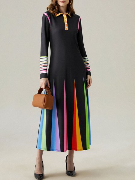 Regular Fit Color Block Shirt Collar Elegant Midi Dress With No Belt, Black, Maxi Dresses