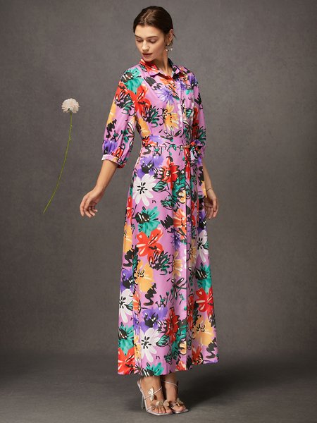 

Vacation Floral Button-Front Belted Maxi Shirt Dress with Pocket, As picture, Maxi Dresses