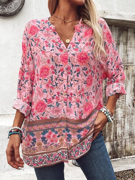 Notched Long Sleeve Floral Regular Loose Blouse For Women, Pink, Blouses