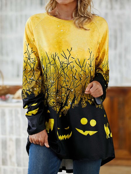 Halloween Printed Long Sleeved Top, Yellow, Tops