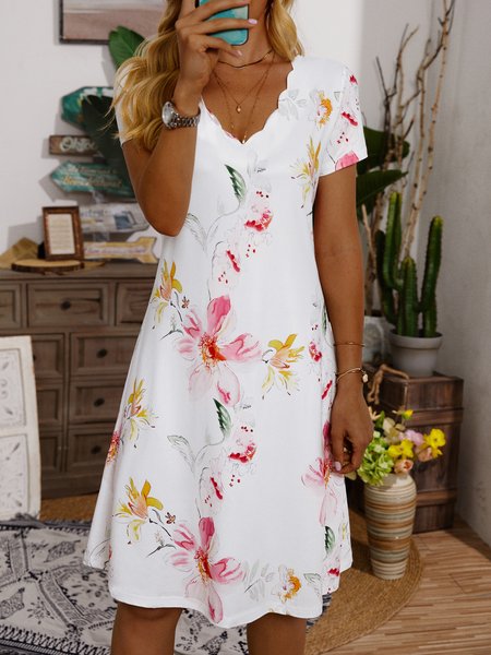 Casual Floral Short Sleeve Knit Dress, Pink, Dresses