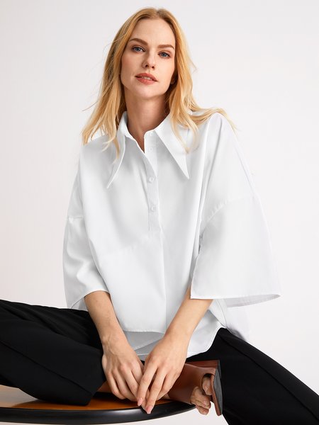 Simple Mid Sleeve Blouse, White, Tops