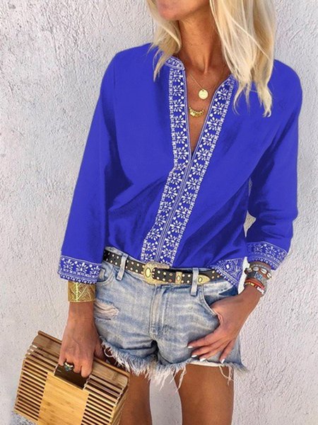 Printed Floral V neck Casual Blouse, Blue, Dresses