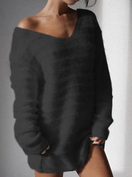 Long Sleeve Solid Cashmere Sweet Fleece Fuzzy Sweaters, Black, Sweaters