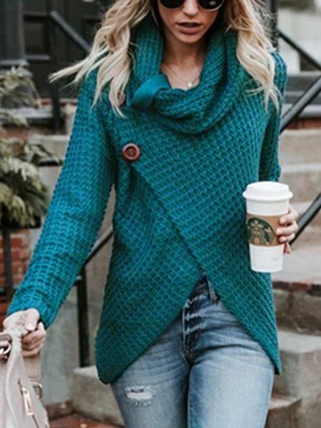 Solid Buttoned Long Sleeve Knitted Turtle Neck Sweater, Blue, Auto-Clearance