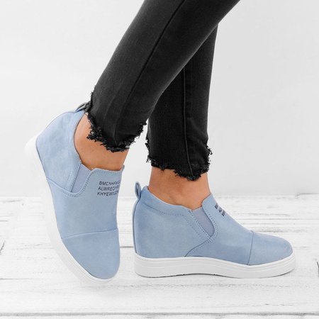 Fashion Letter Slip On Wedge Sneakers Faux Suede Wedge Heel Casual Sneakers, Blue, Shoes