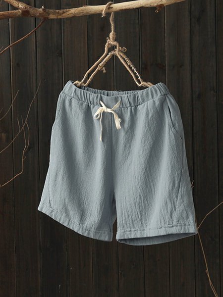 Women's Elastic Waist Pockets Linen Casual Plus Size Shorts, Light blue, Shorts