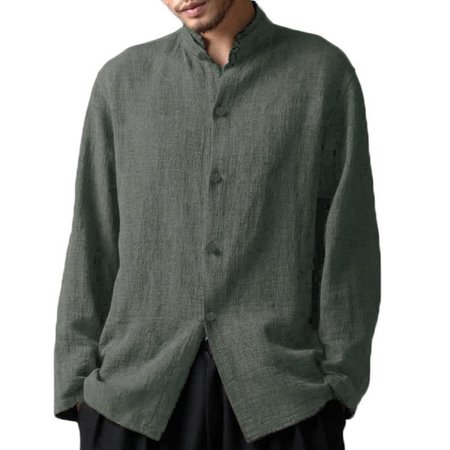 Men's Long-sleeved Cotton Casual Collar Loose Spring and Autumn T-Shirt, Army green, Auto-Clearance