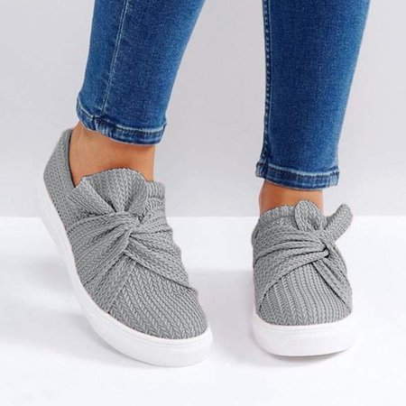 Women Knitted Twist Pink Slip On Sneakers, Gray, Loafers
