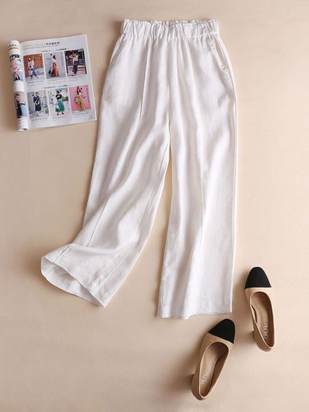 Linen Solid Casual Plus Size Blouson Pants, White, Pants