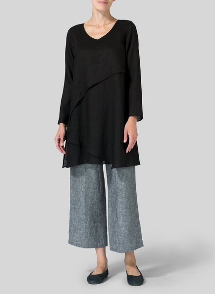 Casual Linen Solid V neck Long Sleeve Tops, Black, Blouses & Shirts