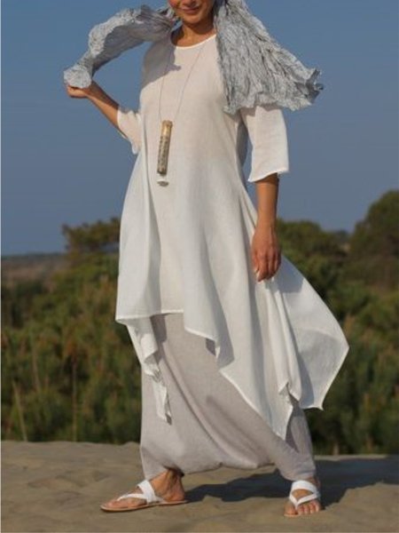 

Women Summer Linen 3/4 Sleeve Daytime Crew Neck Asymmetric Dress, White, Basic Dresses
