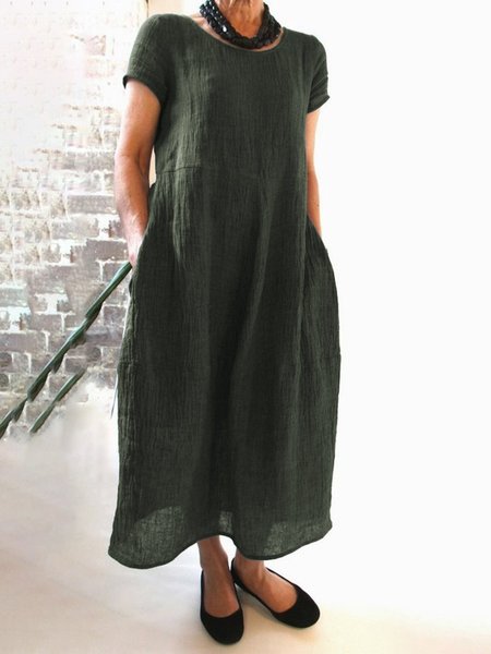 

Summer Pockets Round Neck Shift Linen Weaving Dress, Army green, Casual Dresses
