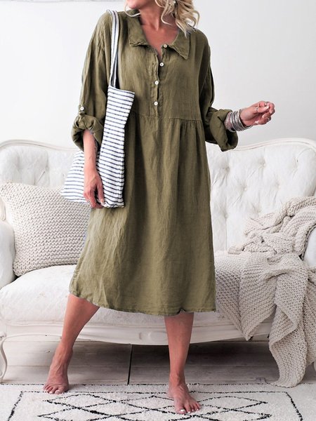 

Women Convertible Sleeves Buttoned Loose Casual Weaving Dress, Army green, Linen dresses