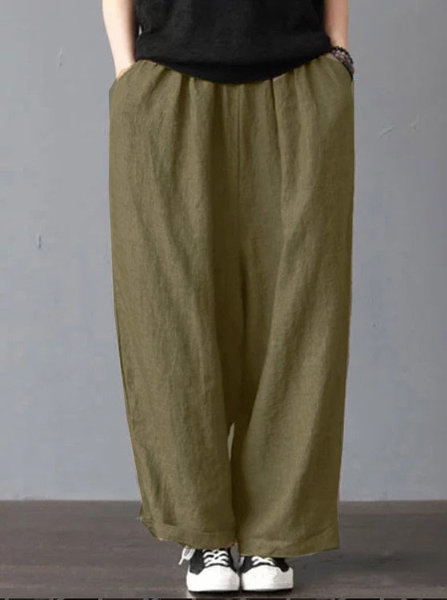 Solid Casual Pockets Plus Size Women's Pants, Green, Pants