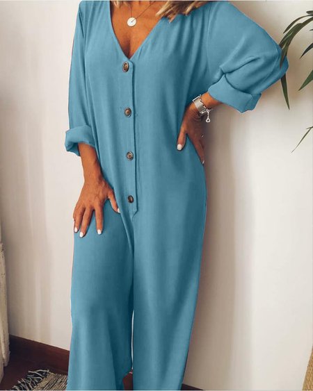 Plus Size Casual V Neck Long Sleeve Solid Jumpsuits, Blue, Summer Clearance