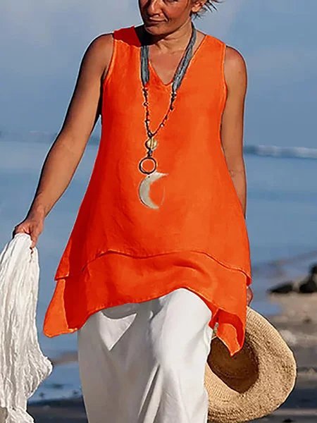 Linen Sleeveless Casual Top, Orange, Tops