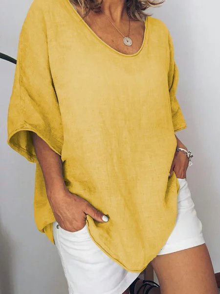 Solid Casual Short Sleeve Top, Yellow, Tees & T-shirts