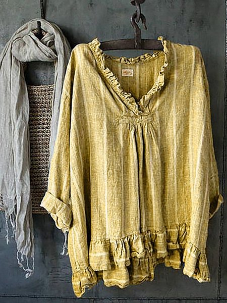 Women Cotton Shift Long Sleeve Top, Yellow, Blouses & Shirts