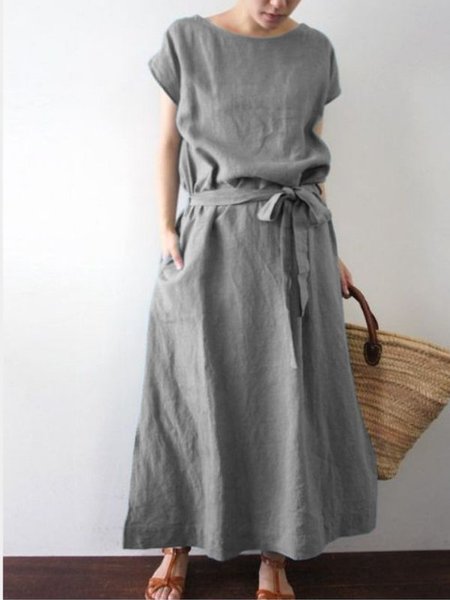 Solid Short Sleeve Pockets Casual Dresses, Gray, Dresses