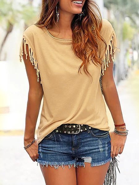 Fringed T-shirt With Tassel Casual Short Sleeve Top, Navy blue, Tops
