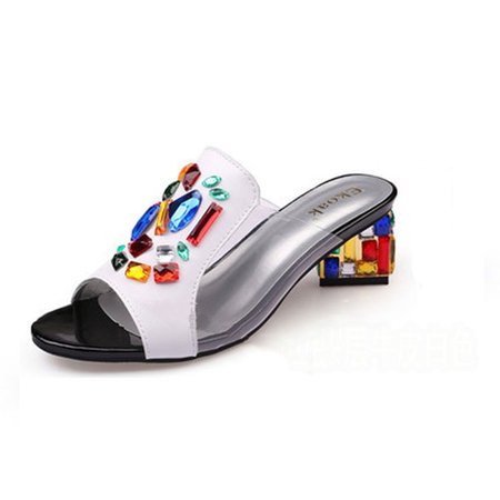 Genuine Leather Rhinestone Daily Peep Toe Slipper, White, Slippers