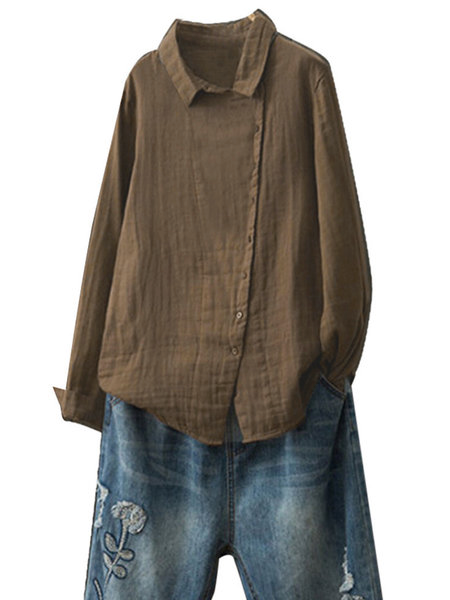 Asymmetric Blouse Long Slleve Solid Casual Cotton Top, Coffee, Blouses & Shirts