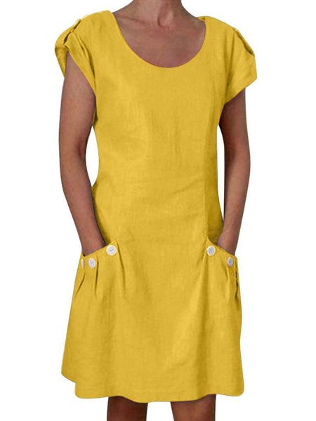 Casual Buttoned Short Sleeve Cotton-Blend Dress, Yellow, Casual Dress