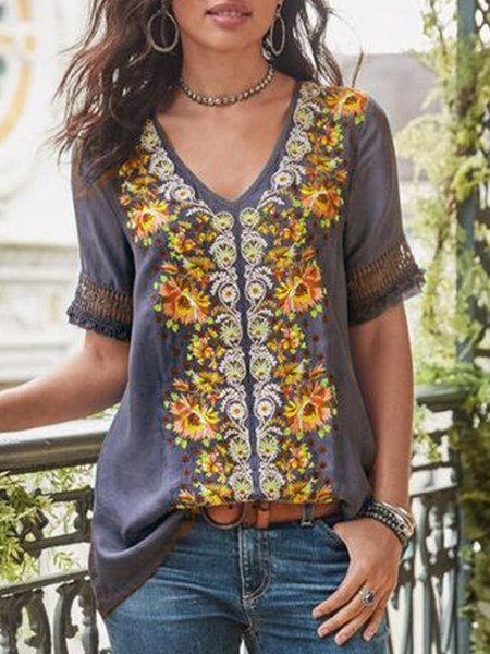 

Women's Short Sleeve T-shirt Summer Floral Patterned Lace V Neck Going Out Casual Top Red Coffee Purple Blue Gray, T-Shirts