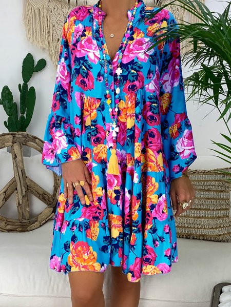 Long Sleeve Casual Cotton Women Dress, Royal blue, Mini Dresses