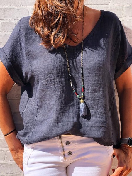 Plus Size Linen Cotton-Blend Women Summer T-shirts, Black, T-Shirts