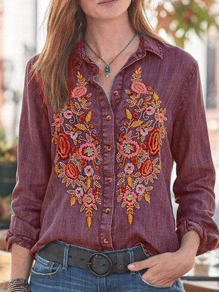 Long Sleeve Vintage Shirts & Tops, Pink, Auto-Clearance