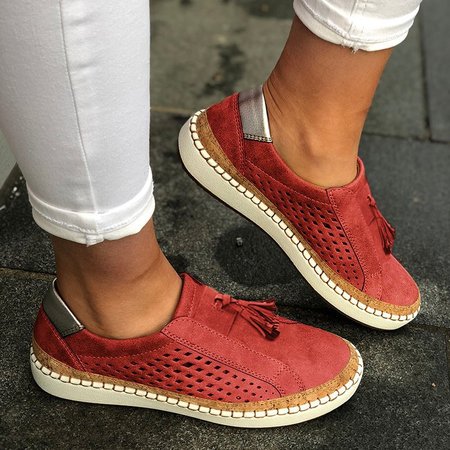 zolucky Women Fringe Slide Hollow-Out Casual Sneakers, Red, Athletic & Casual Shoes