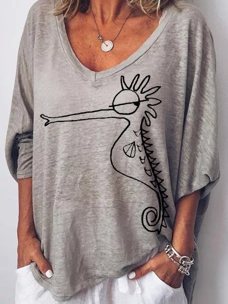 3/4 Manica Scollo a V Casuale Cavalluccio marino Top, Grigio, T-Shirts