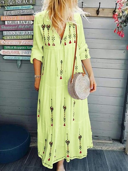 V Neck Women Floral Dresses Holiday Embroidered Floral Dresses, Yellow green, Casual Dresses