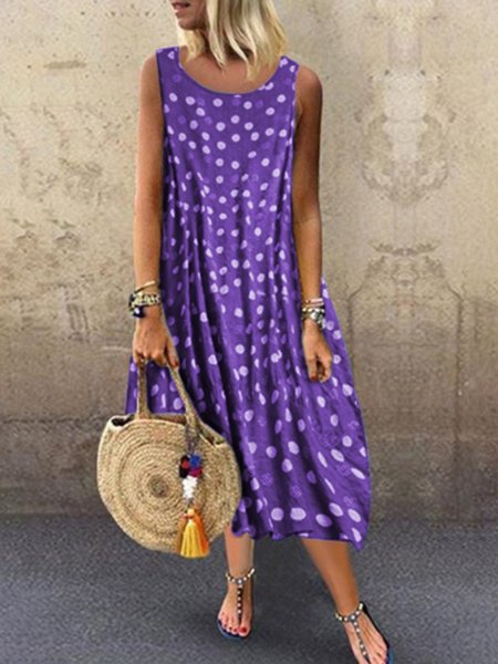 

Round Neck Women Summer Weaving Dress Printed Polka Dots Midi Weaving Dress, Purple, Casual Dresses