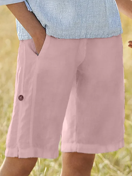 

Summer Linen Casual Buttoned Shorts, Pink, Bottoms